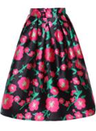 Romwe Plum Blossom Print Black Midi Skirt