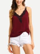 Romwe Contrast Lace Neck Crisscross Cami Top - Burgundy