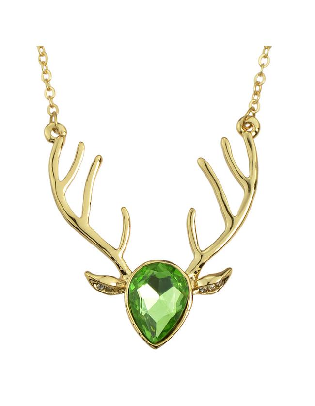 Romwe Green Rhinestone Deer Pendant Necklace