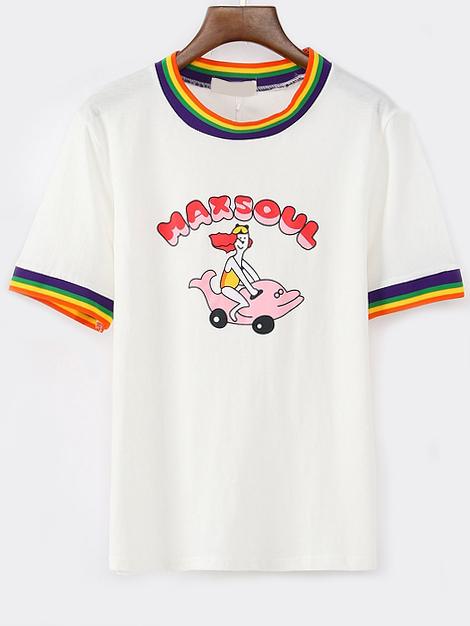 Romwe White Striped Trim Cartoon Print T-shirt