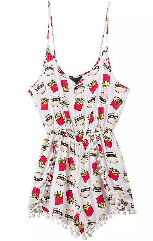 Romwe Spaghetti Strap Hamburger Fries Print Romper