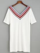 Romwe White Striped V Neck Knit Dress