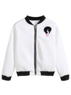 Romwe White Contrast Neck Letter Patch Zip Up Jacket