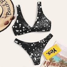 Romwe Random Star Print Tie Front Bikini Set