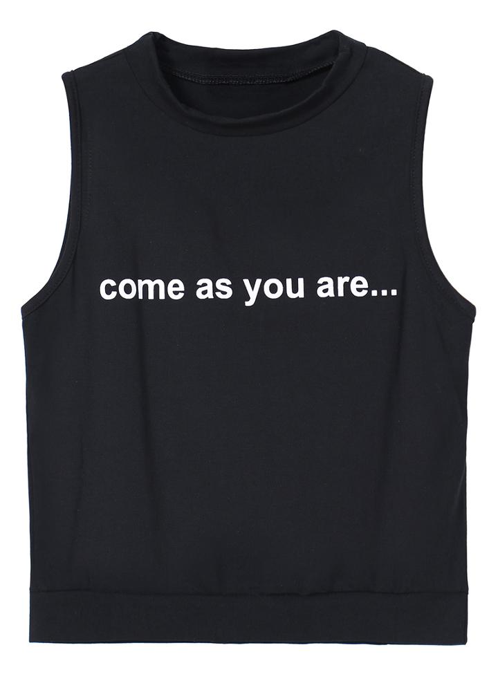 Romwe Come As You Are Print Black Vest