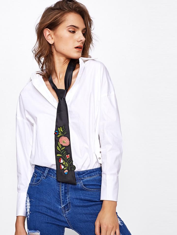 Romwe Flower Embroidery Satin Skinny Tie Scarf
