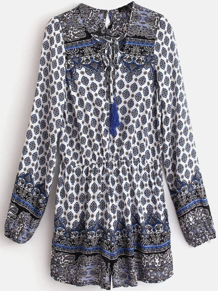 Romwe Tribal Print Lace Up V Neck Fringe Romper