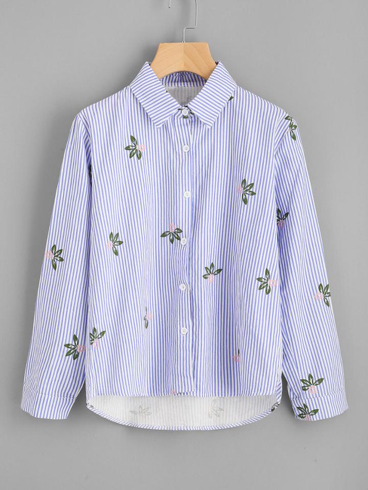 Romwe Floral Print Dip Hem Striped Shirt