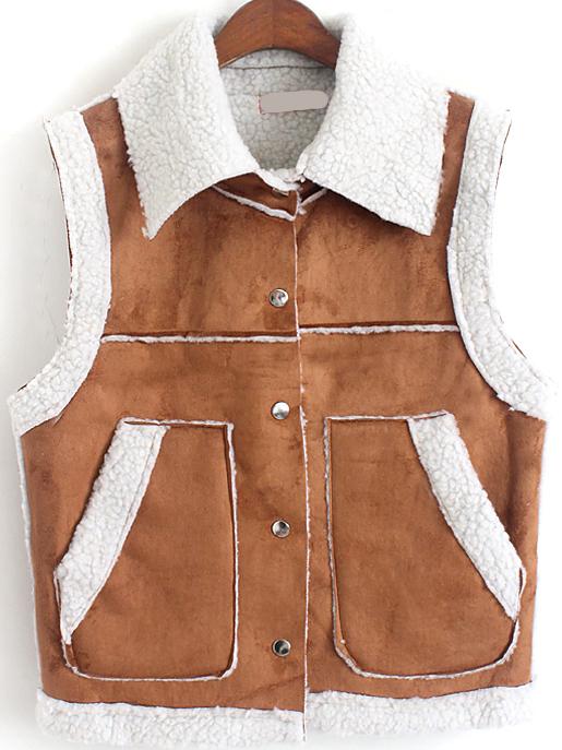 Romwe Lapel Buttons Pockets Khaki Vest