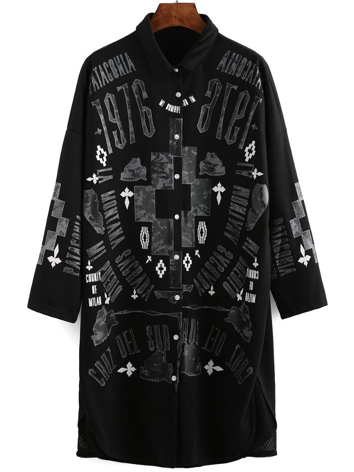 Romwe Lapel Letter Print Buttons Long Blouse