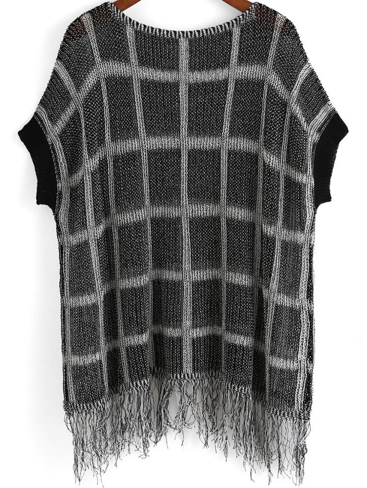 Romwe With Tassel Plaid Hollow Black Sweater