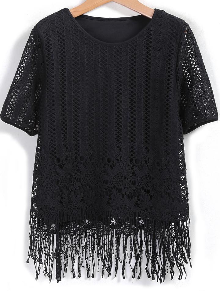 Romwe With Tassel Hollow Lace Crochet Top