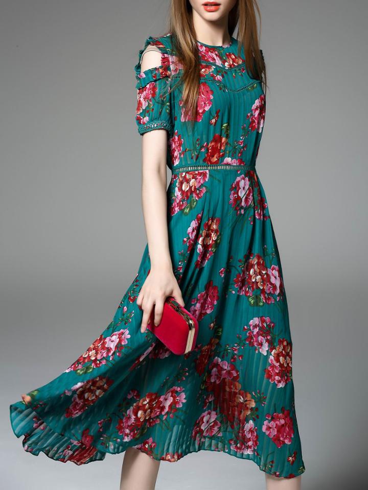 Romwe Green Open Shoulder Pleated Print Dress