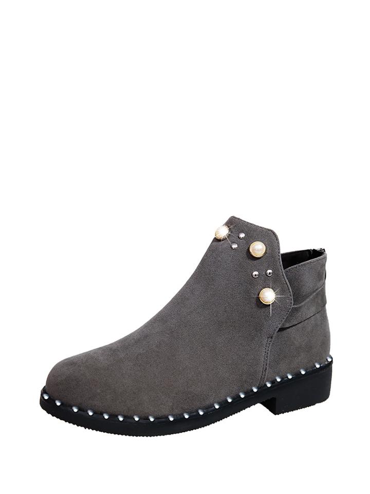 Romwe Faux Pearl Detail Back Zipper Ankle Boots