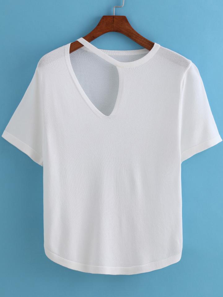 Romwe White Round Neck Hollow Loose Knit Sweater