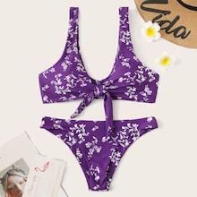 Romwe Floral Knot Front Bikini Set