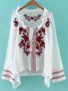 Romwe White Embroidered Tie Neck Blouse