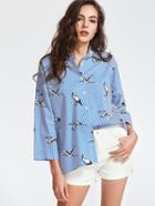 Romwe Pinstripe Crane Print Drop Shoulder Shirt