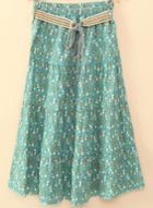 Romwe Green Elastic Waist Floral Belt Skirt