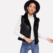 Romwe Faux Fur Contrast Solid Pu Jacket