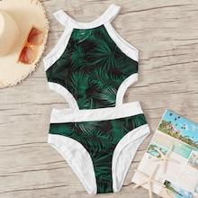 Romwe Leaf Print Piping Contrast Cutout Side Monokini