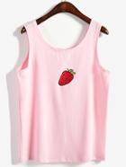 Romwe Pink Strawberry Embroidery Tank Top