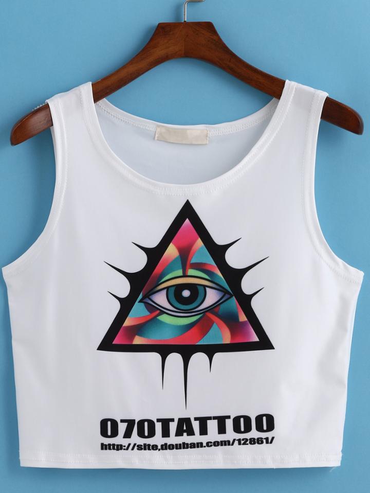 Romwe Triangle Eye Print Crop White Tank Top