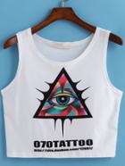 Romwe Triangle Eye Print Crop White Tank Top