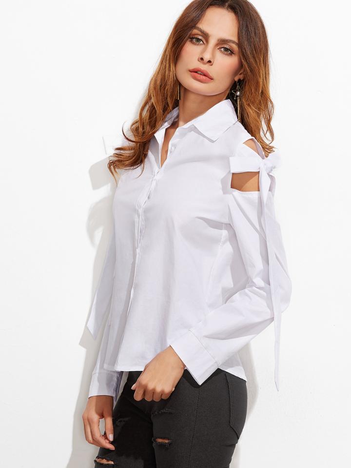 Romwe White Shoulder Cutout Bow Tie Blouse