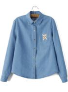 Romwe Lapel With Pocket Cat Embroidered Denim Blouse