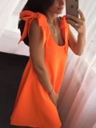 Romwe Orange Tie Shoulder V Back Swing Dress