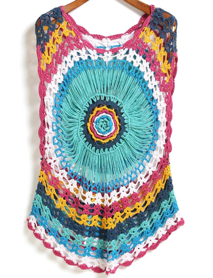 Romwe Round Neck Floral Crochet Hollow Top