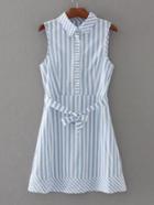 Romwe Vertical Striped Tie Waist Shirt Dress