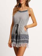 Romwe Spaghetti Strap Paisley Print Fringe Romper