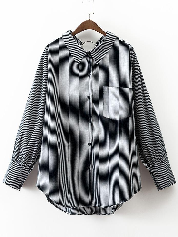 Romwe Vertical Striped Ring Detail High Low Blouse With Pocket