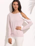 Romwe Light Pink Knitted Cut Out Lace Long Sleeve T-shirt