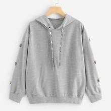 Romwe Button Side Drawstring Detail Hoodie