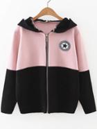 Romwe Pink Color Block Hooded Sweater Coat With Badge