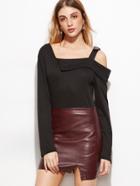 Romwe Black Oblique Shoulder Fold Over Buckle Strap T-shirt