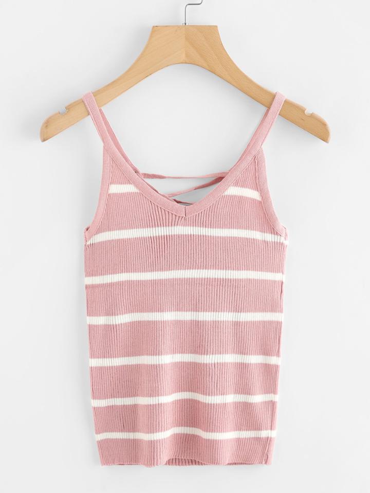 Romwe V Neckline Striped Lace Up Back Cami Top
