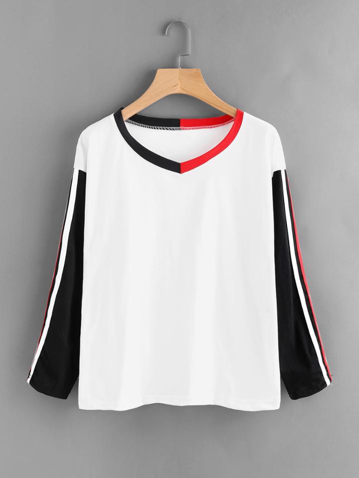 Romwe Contrast Striped Sleeve Ringer Tee