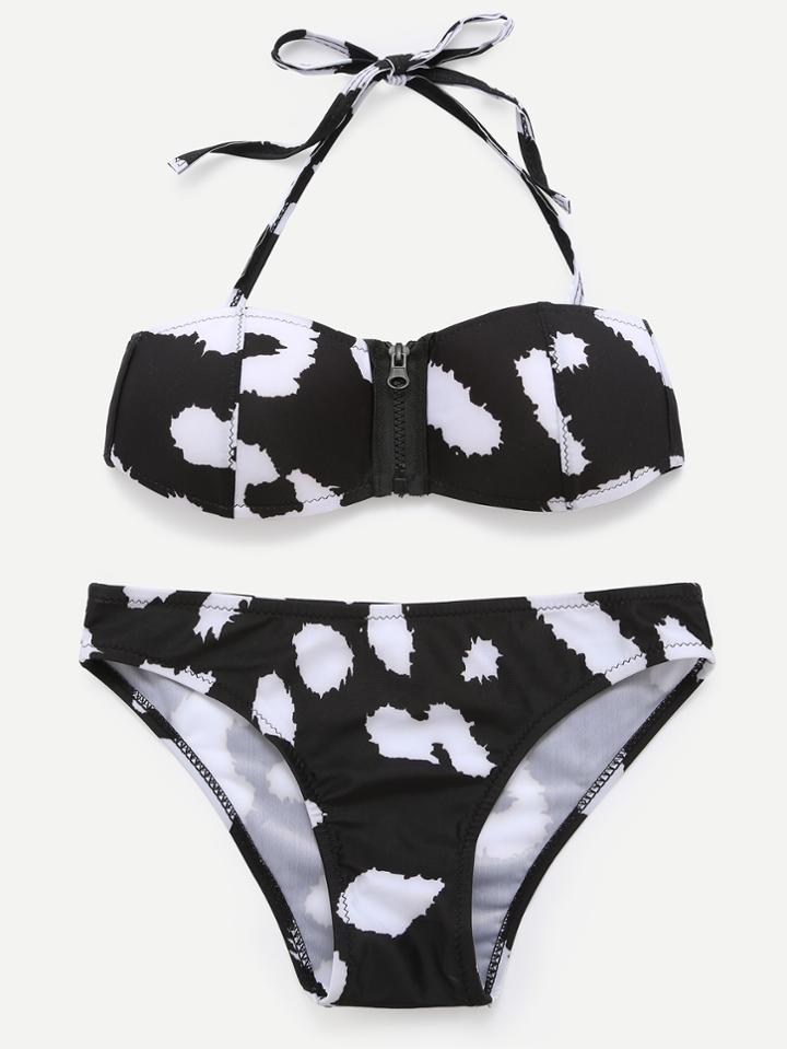 Romwe Black Animal Print Zip Front Halter Neck Bikini Set