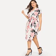 Romwe Plus Self Tie Waist Curved Hem Dress