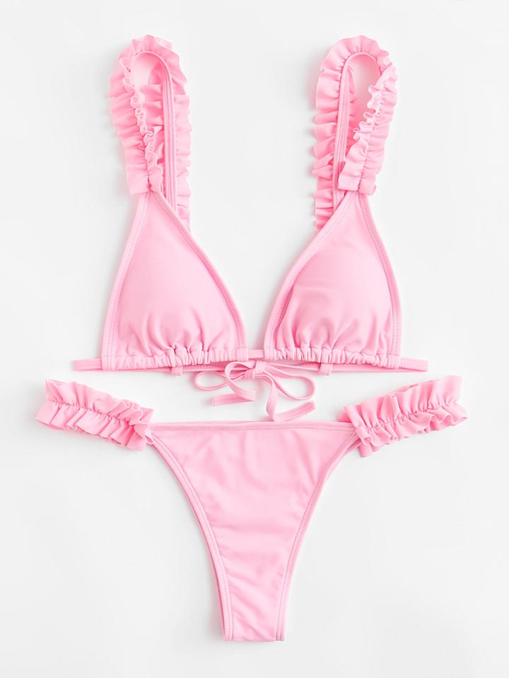 Romwe Ruffle Self Tie Bikini Set