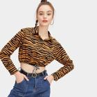 Romwe Tiger Print Drawstring Crop Single Breasted Blouse
