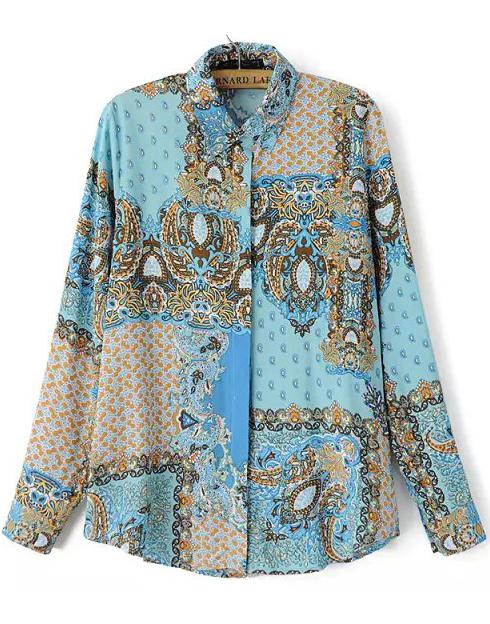 Romwe Vintage Blue Floral Blouse