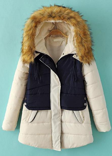 Romwe Faux Fur Hooded Slim Navy Coat