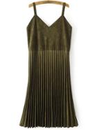 Romwe Army Green Spaghetti Strap Pleated Suede Dress