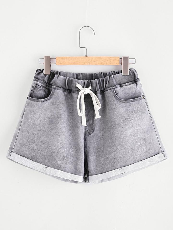 Romwe Drawstring Waist Cuffed Bleach Wash Denim Shorts