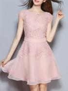 Romwe Pink Contrast Lace Organza A-line Dress
